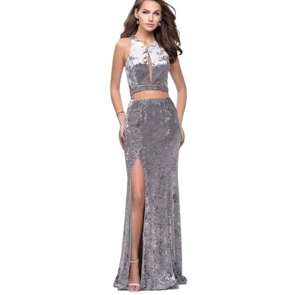 LA FEMME Silver Open-Back Long Mock Two-Piece Velvet Gown - Picture 1 of 16